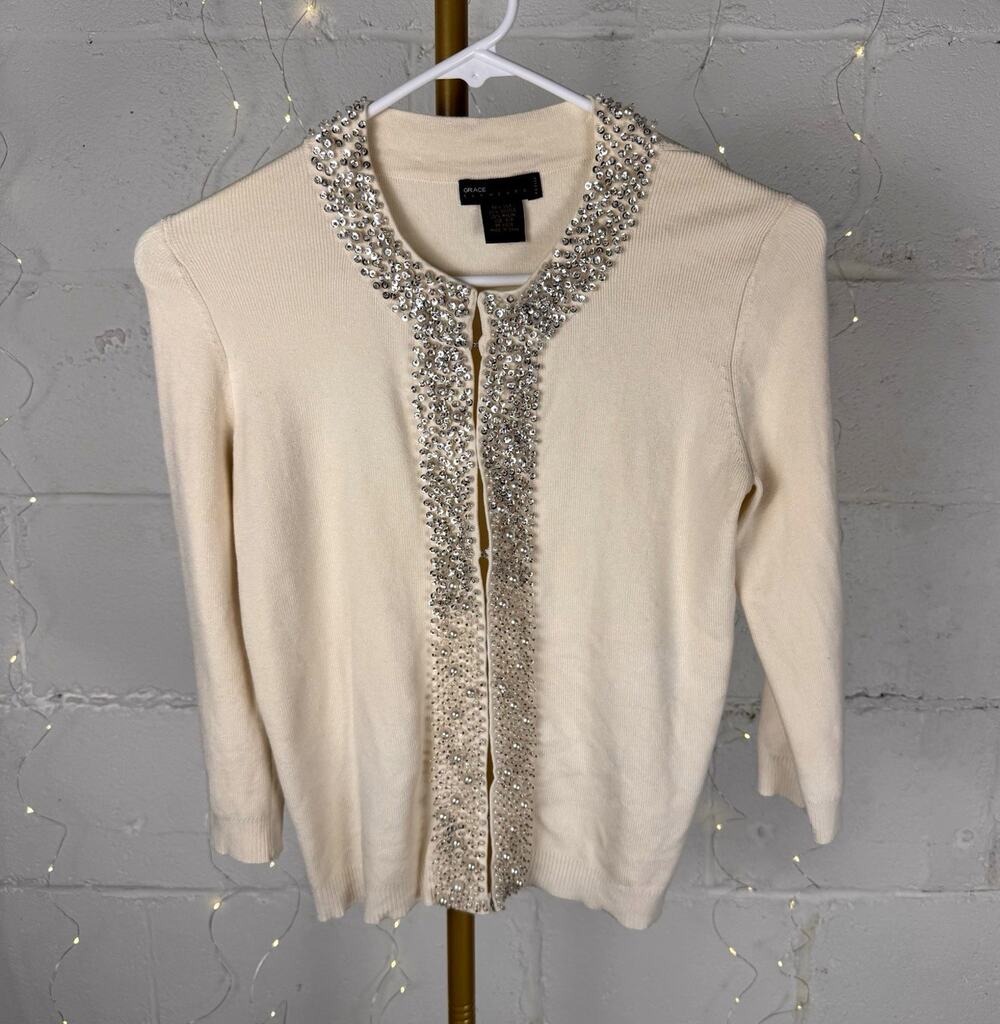 Grace Elements Petite P/P Ivory Silk Blend Sequin Pearl Beaded Cardigan